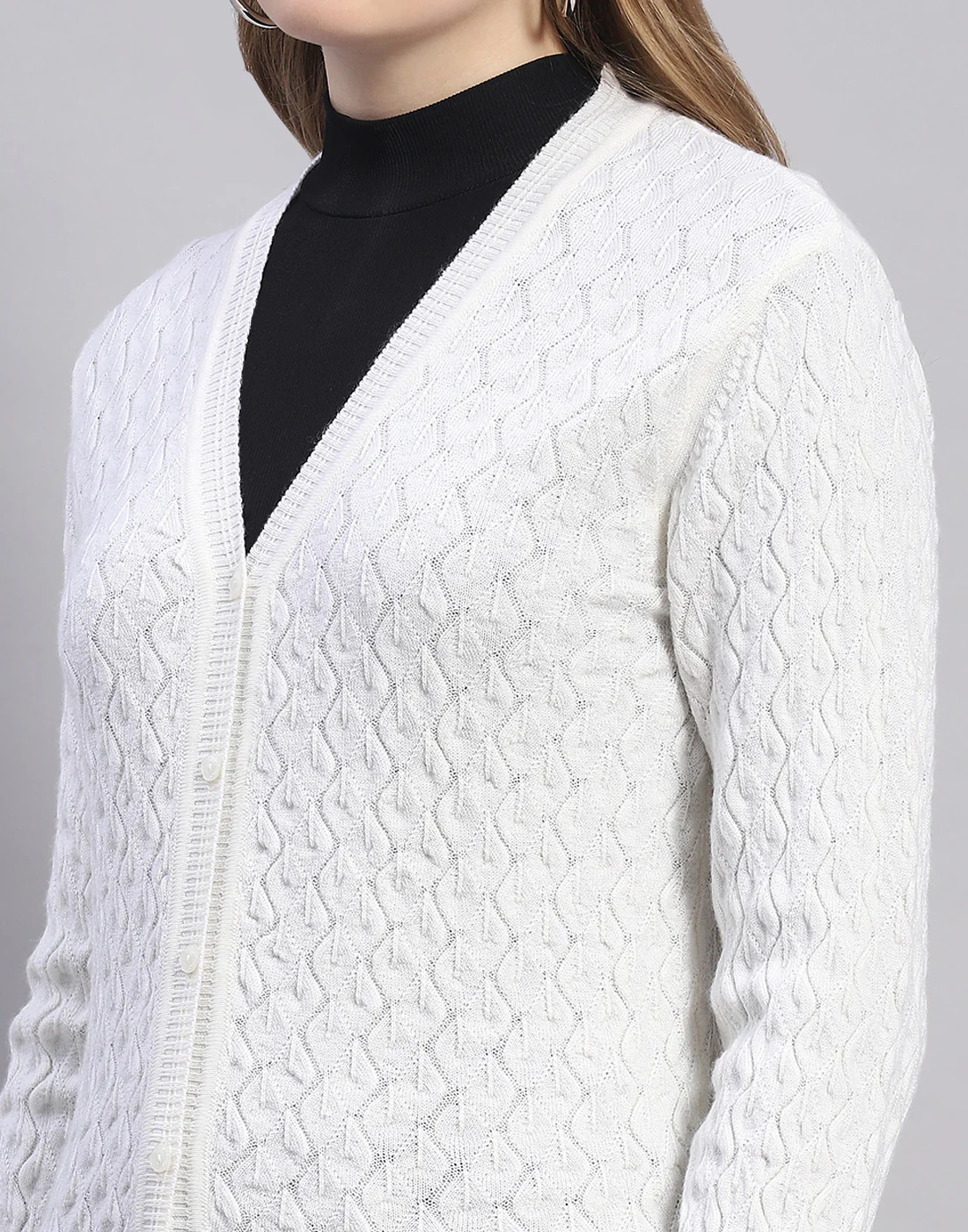 Women White Solid V Neck Full Sleeve Cardigan - Image 6