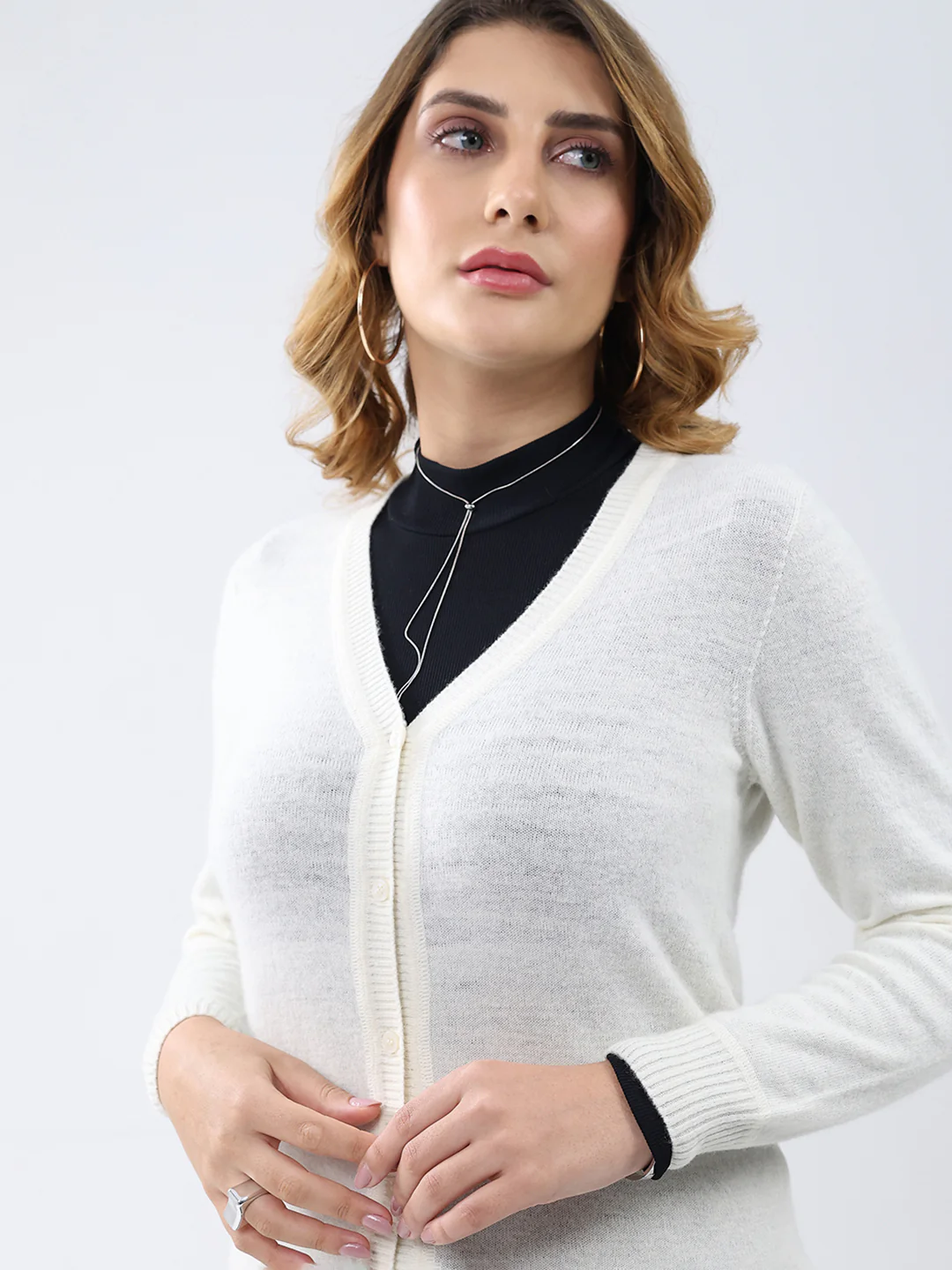 Women White Solid V Neck Full Sleeve Cardigan - Image 7