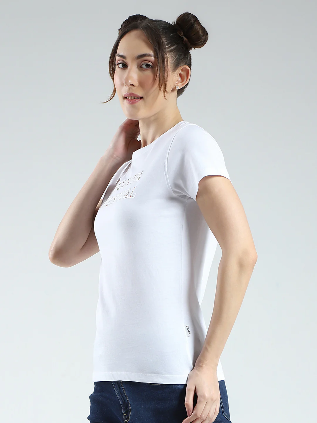Rock.it Women White Solid Round Neck Half Sleeve Top - Image 3