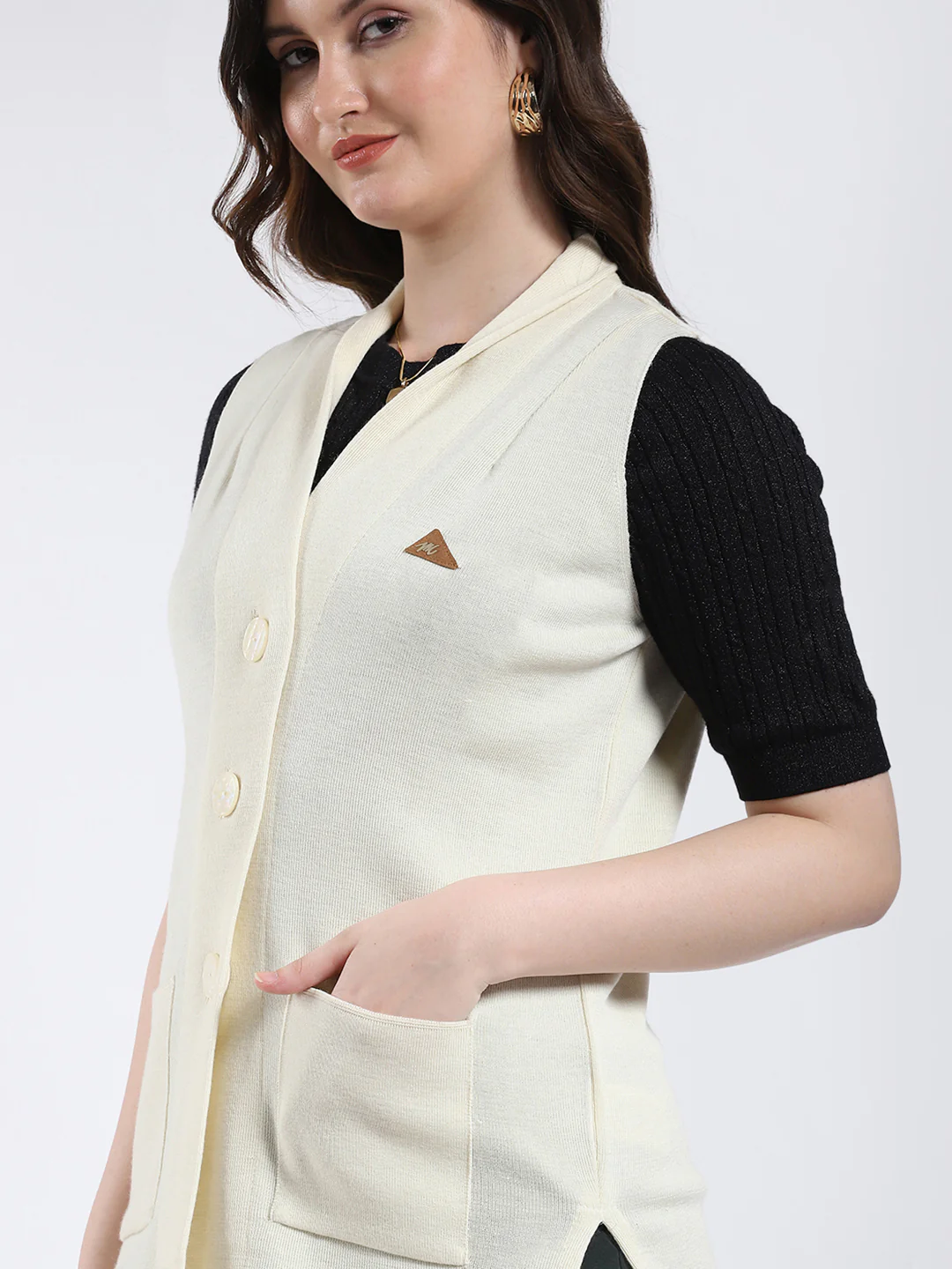 Women White Solid V Neck Sleeveless Cardigan - Image 7