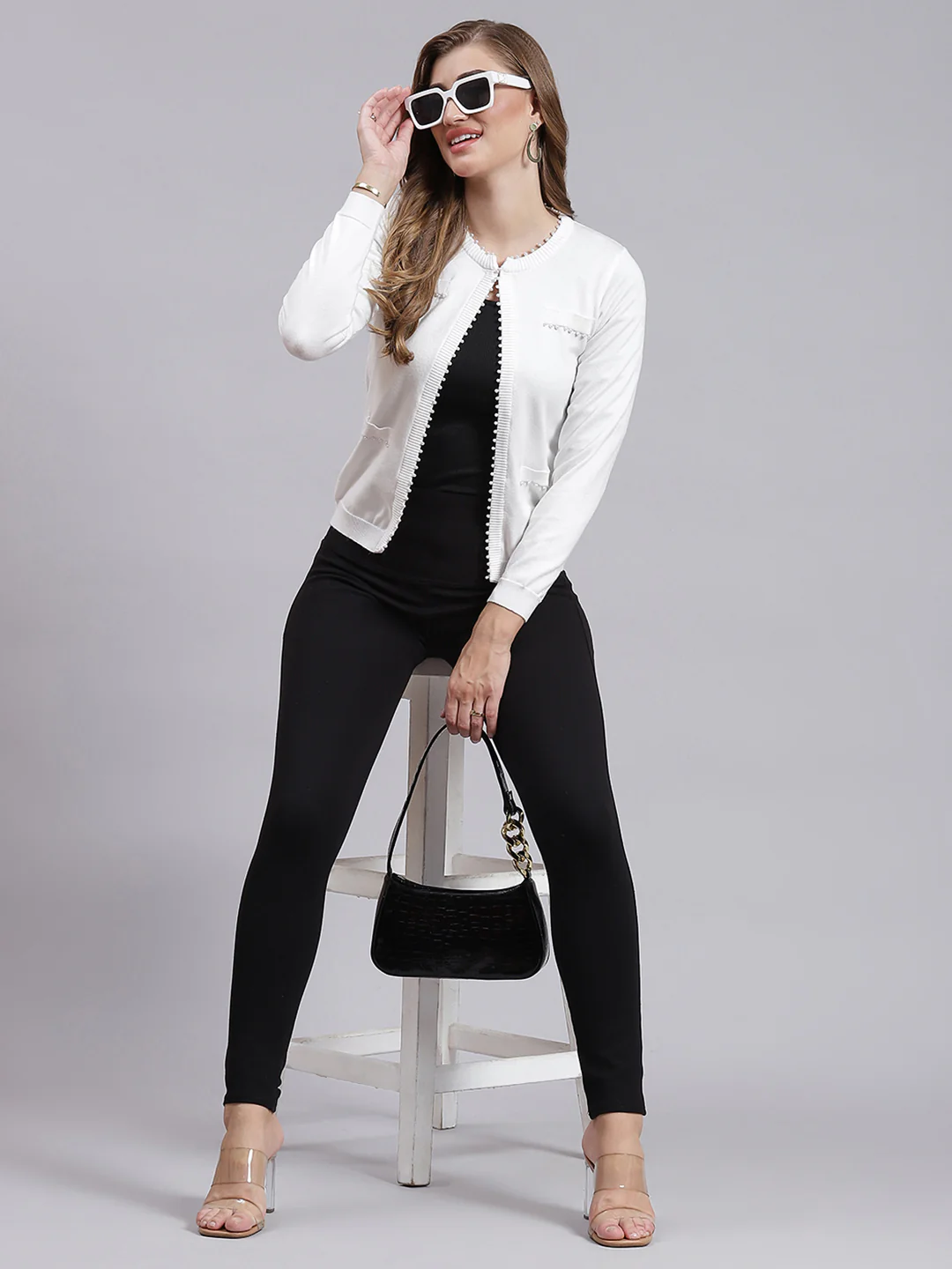 Women White Solid Wool blend Cardigan - Image 2