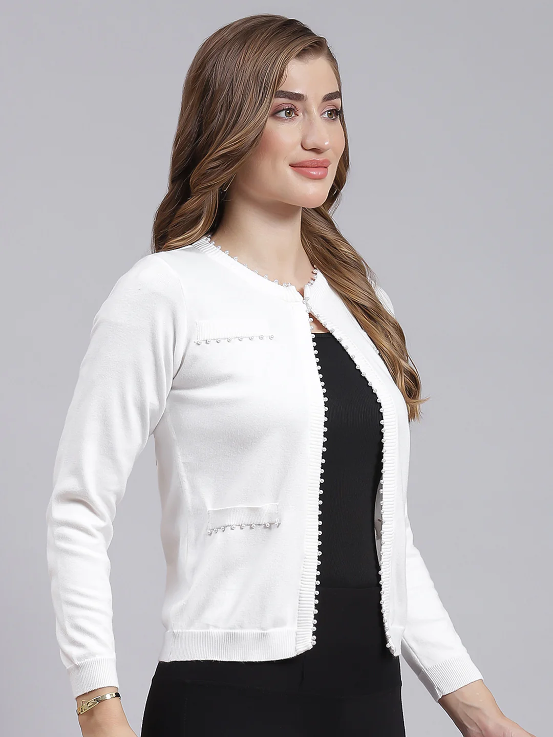 Women White Solid Wool blend Cardigan - Image 3