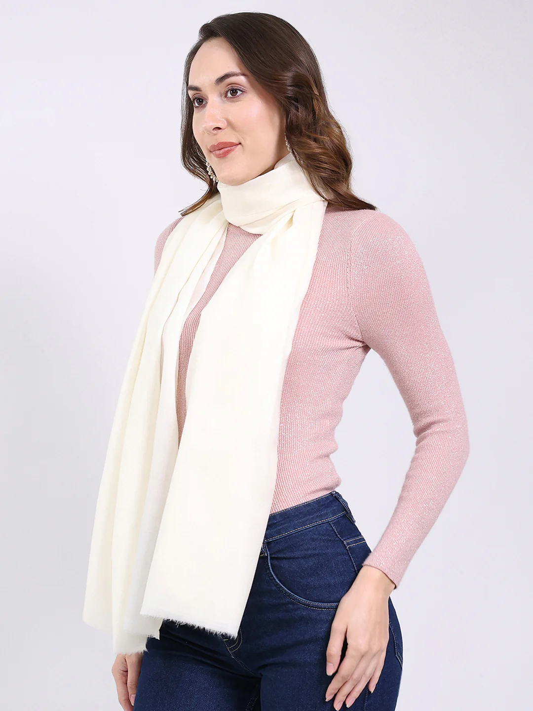 Women White Solid Wool Blend Shawl - Image 3