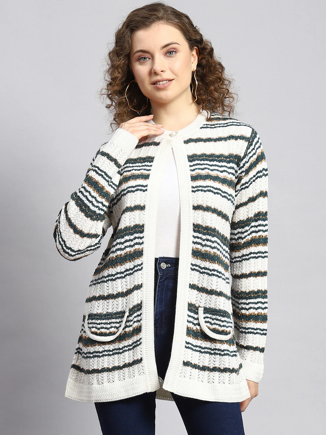 Women White Stripe Cardigan - Image 2