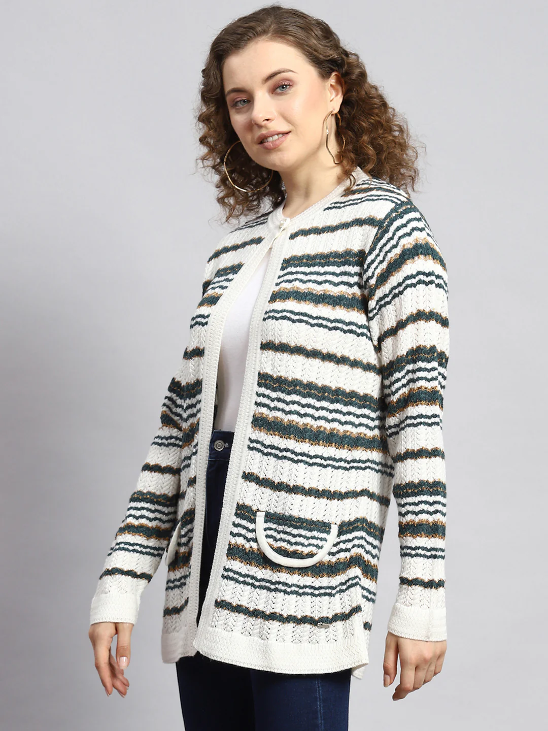 Women White Stripe Cardigan - Image 4