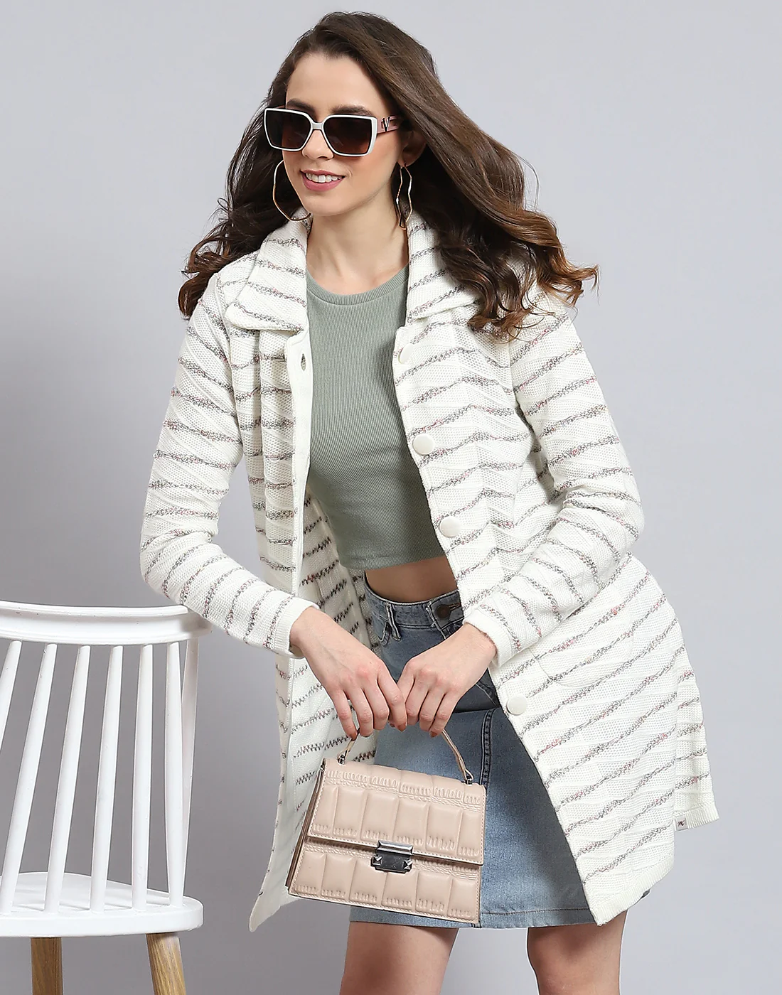 Women White Stripe Collar Full Sleeve Cardigan - Image 2