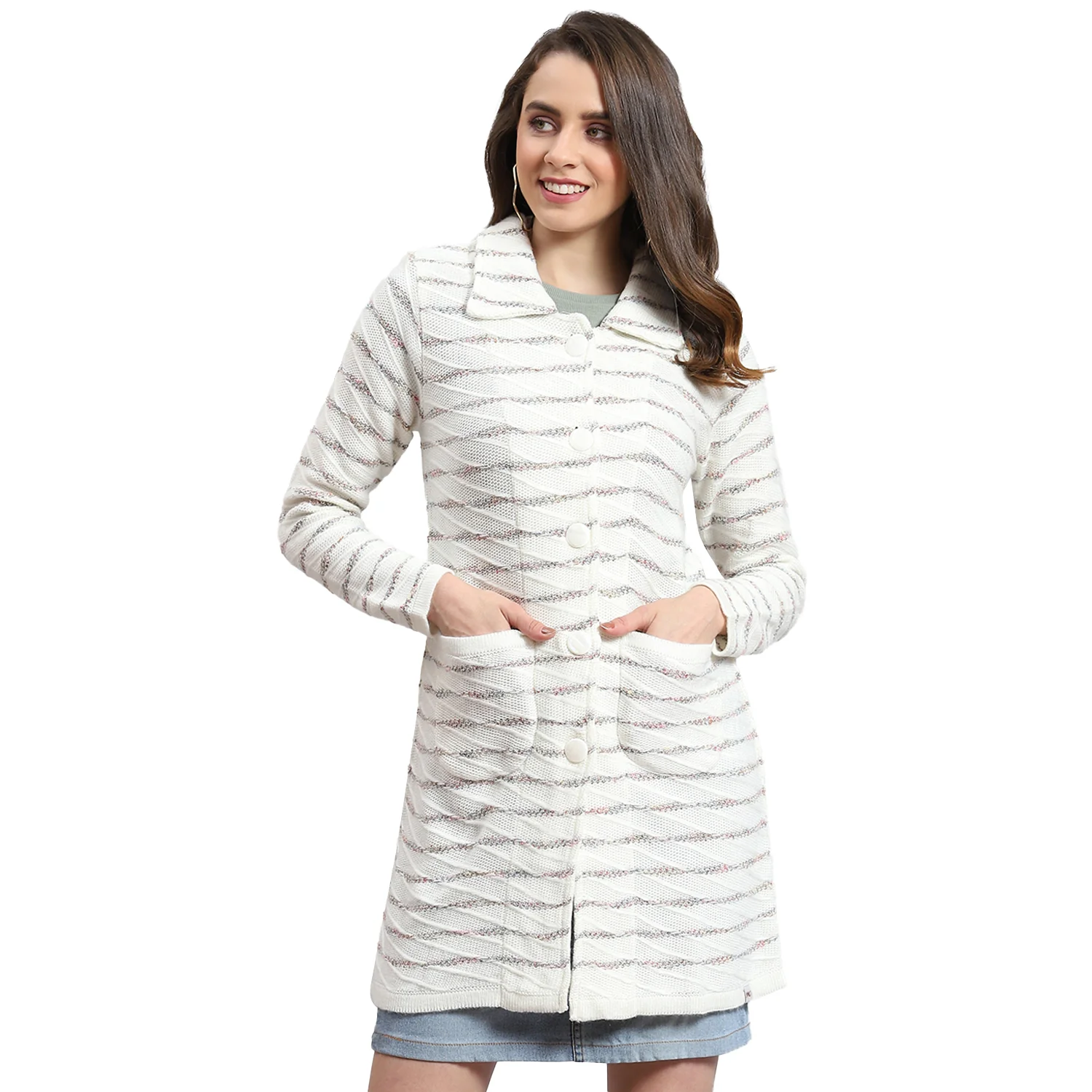 Women White Stripe Collar Full Sleeve Cardigan - Image 5
