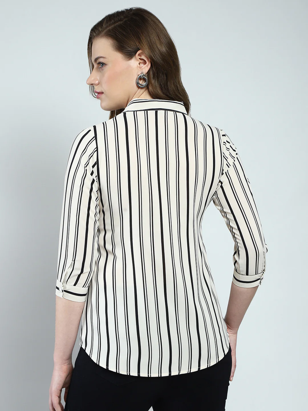 Women White Stripe Front Open 3/4th Sleeve Shirt - Image 5