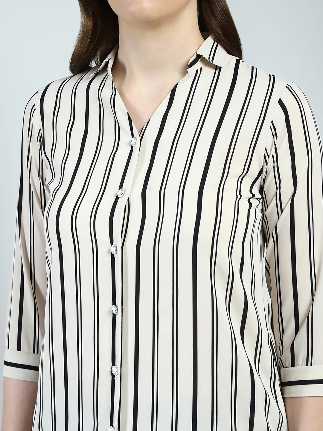 Women White Stripe Front Open 3/4th Sleeve Shirt - Image 6