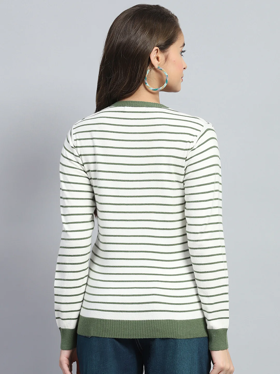 Women White Stripe Round Neck Full Sleeve Cardigan - Image 5