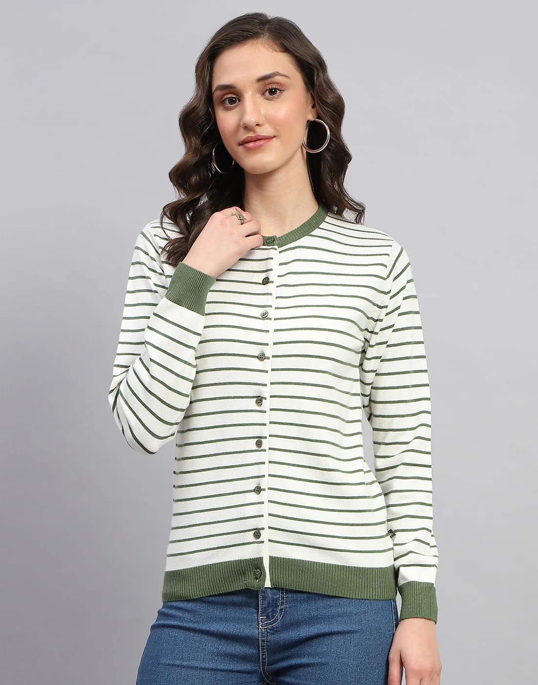 Women White Stripe Round Neck Full Sleeve Cardigan - Image 2