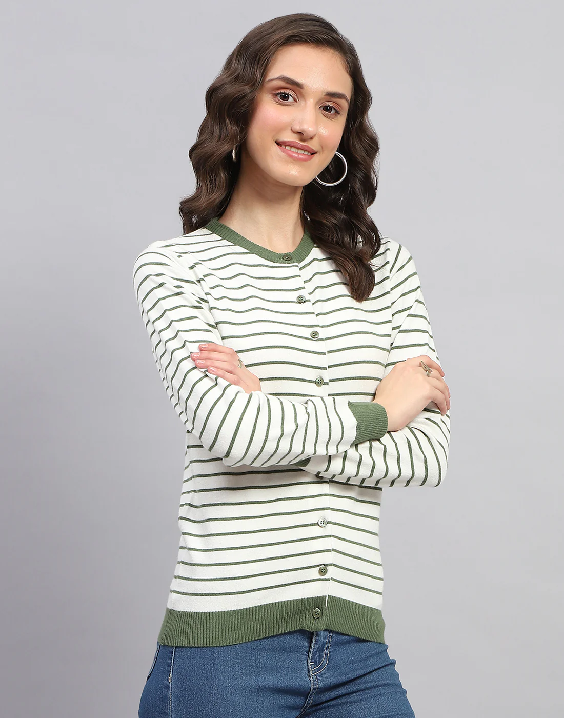 Women White Stripe Round Neck Full Sleeve Cardigan - Image 4