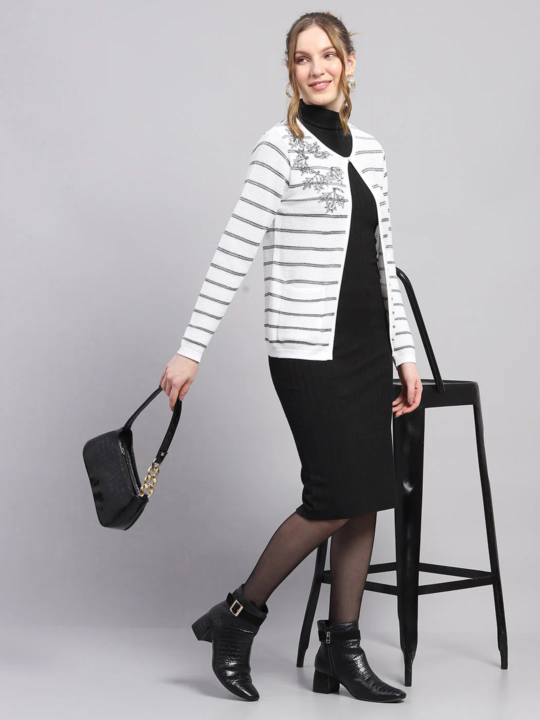 Women White Stripe Round Neck Full Sleeve Cardigan - Image 2