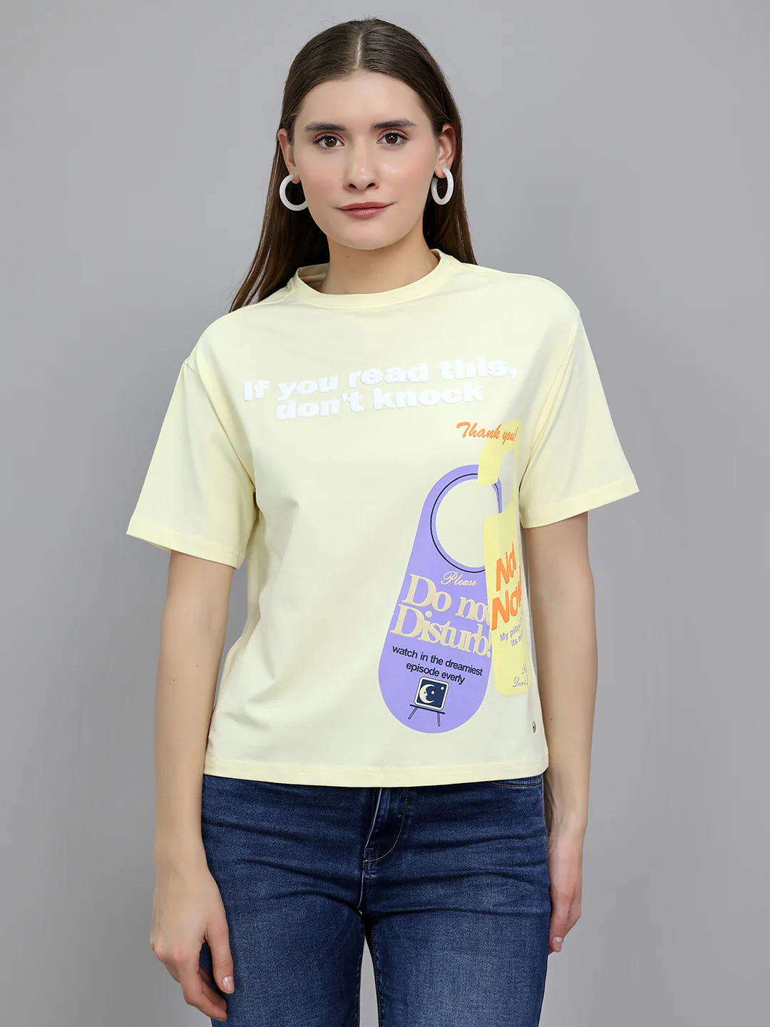 Women Yellow 3D Typography Printed Round Neck Half Sleeve Top