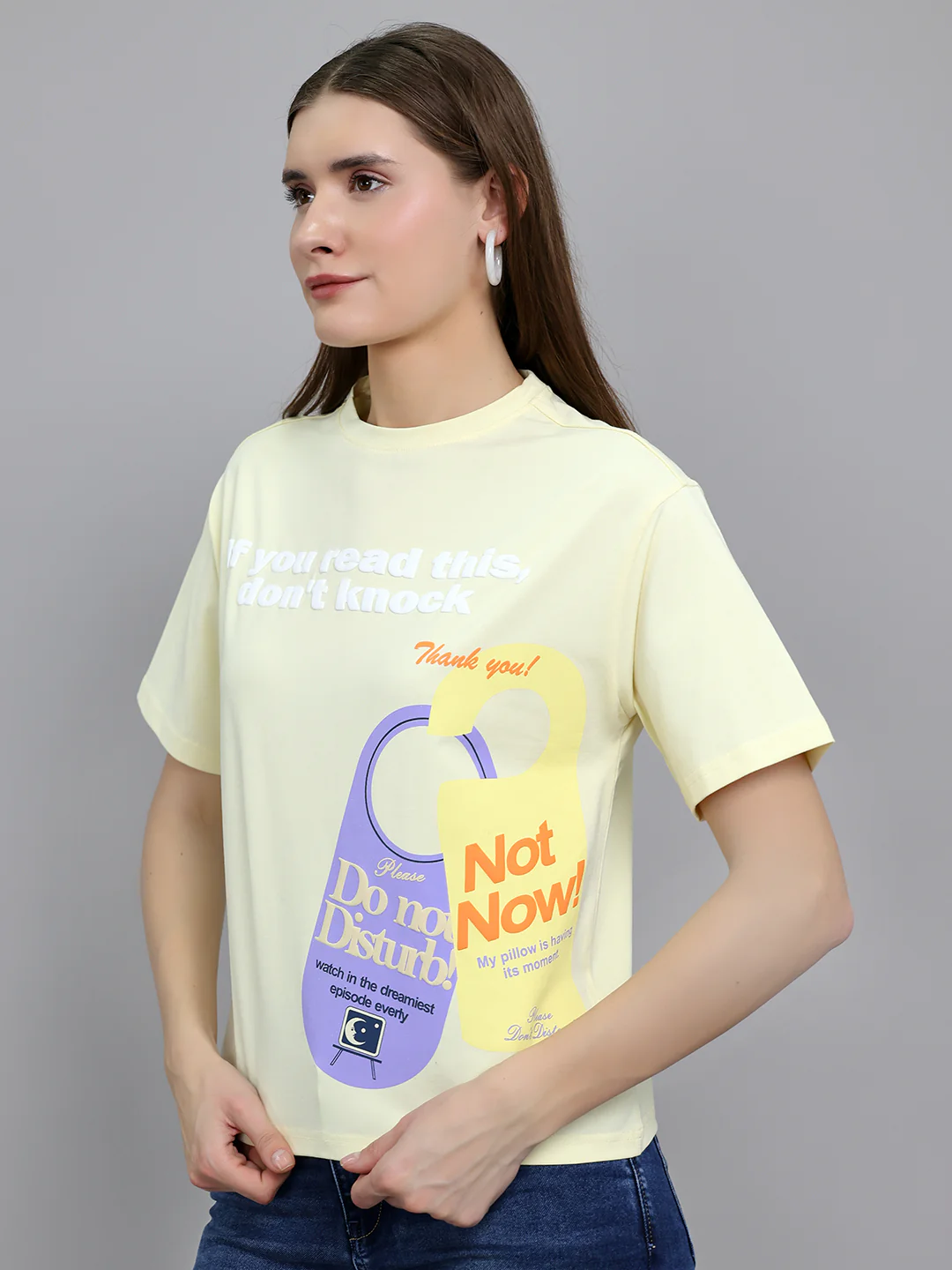 Women Yellow 3D Typography Printed Round Neck Half Sleeve Top - Image 2