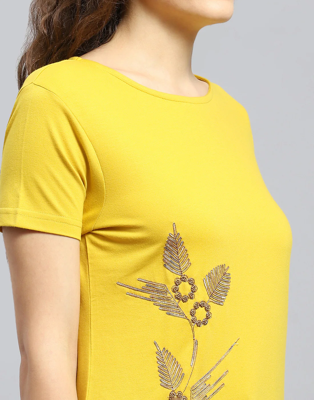 Women Yellow Embellished Round Neck Half Sleeve Top - Image 6