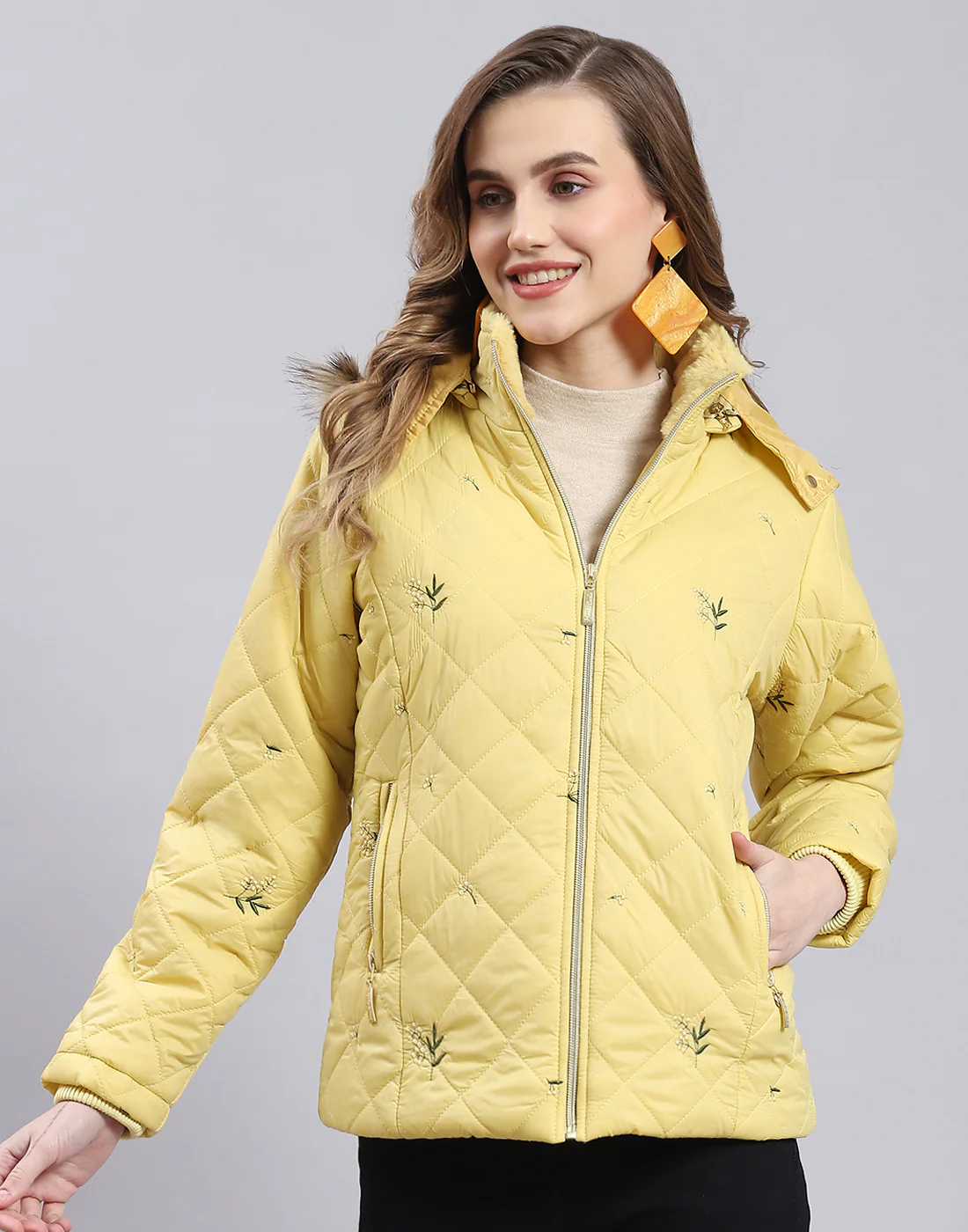 Women Yellow Embroidered Hooded Full Sleeve Jacket - Image 2
