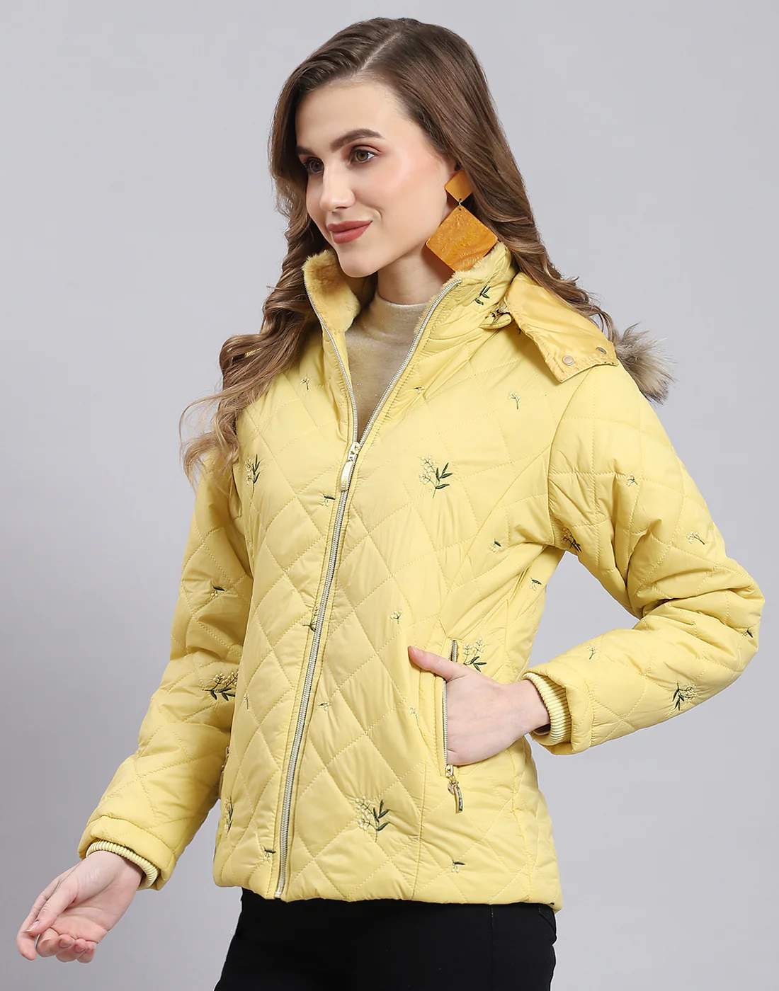 Women Yellow Embroidered Hooded Full Sleeve Jacket - Image 3