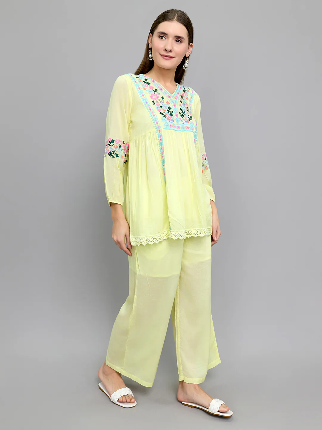 Women Yellow Embroidered Round Neck Half Sleeve Cords Set - Image 5