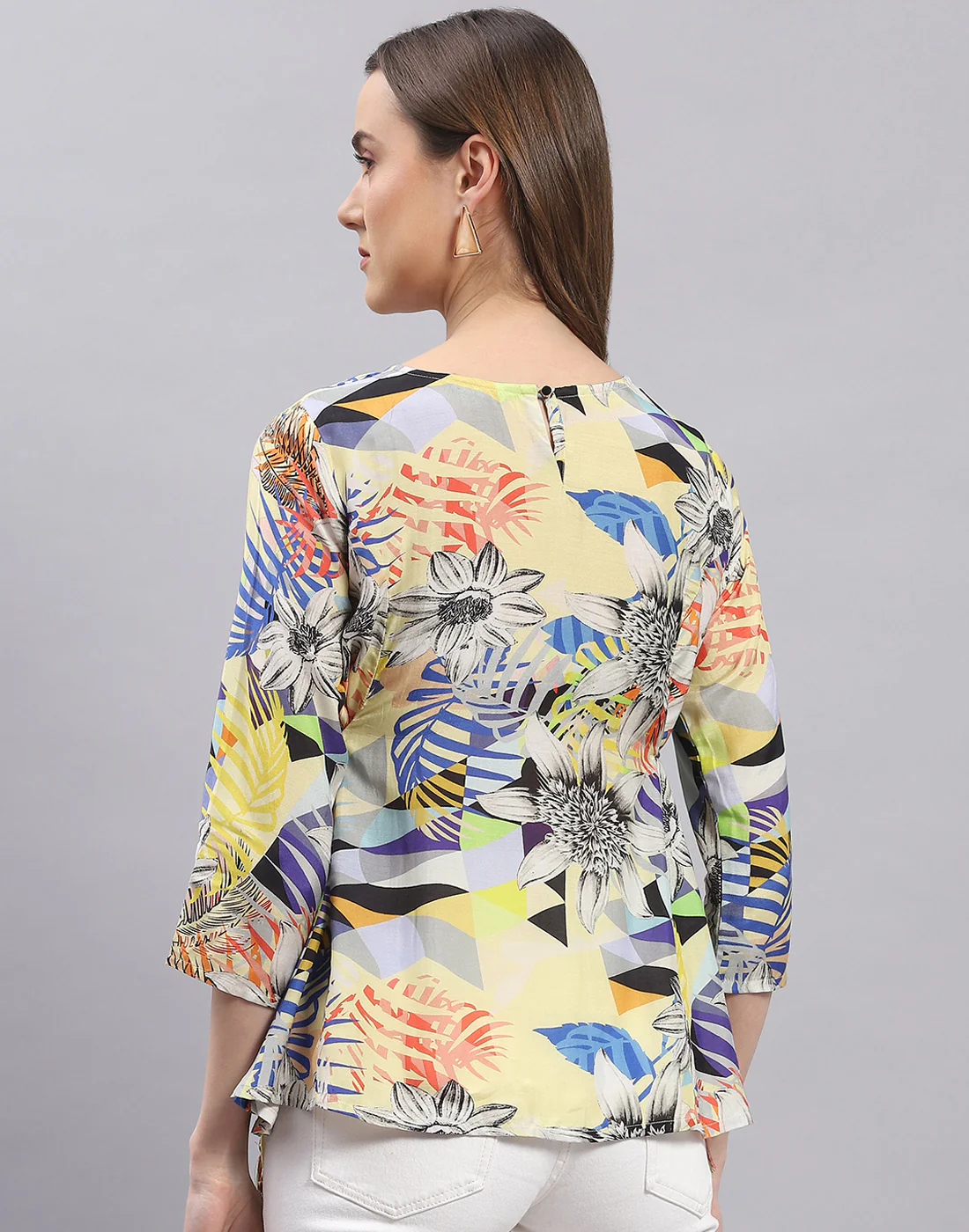 Women Yellow Printed Boat Neck 3/4 Sleeve Top - Image 5