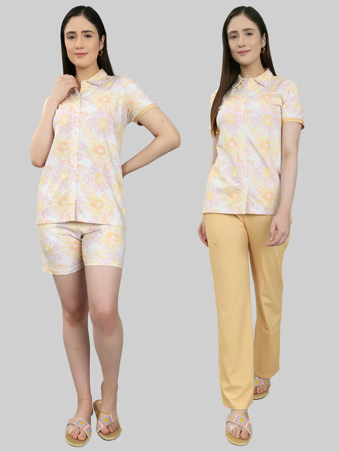 Women Yellow Printed Collar Half Sleeve Combo 3 Pc Set (Top, Shorts & Lower)