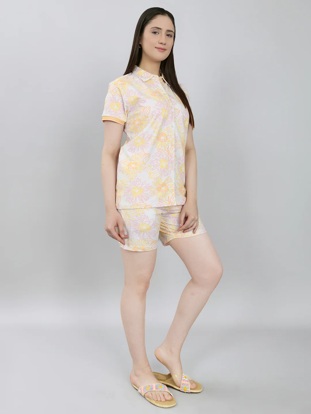 Women Yellow Printed Collar Half Sleeve Combo 3 Pc Set (Top, Shorts & Lower) - Image 3