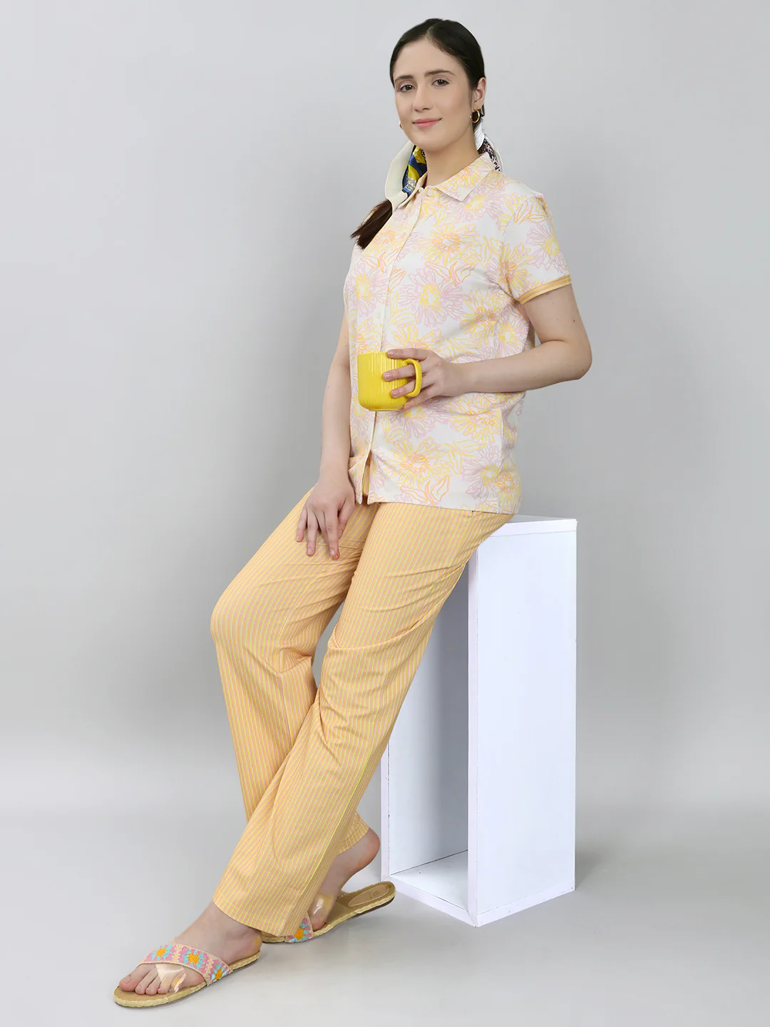 Women Yellow Printed Collar Half Sleeve Combo 3 Pc Set (Top, Shorts & Lower) - Image 6