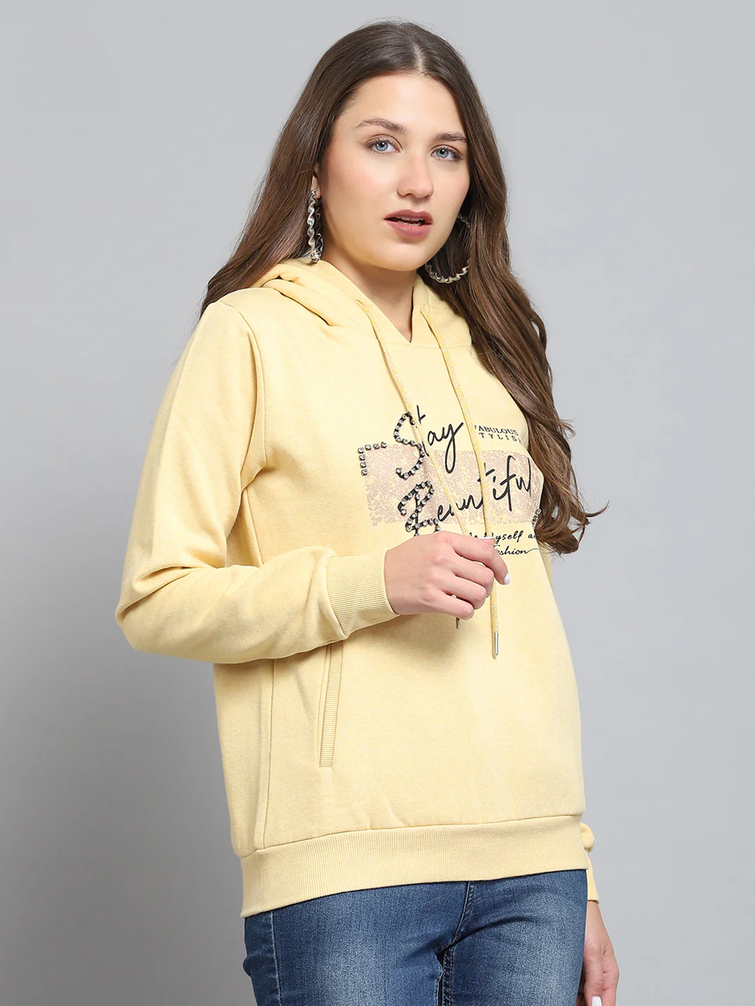 Women Yellow Printed Hooded Full Sleeve Sweatshirt - Image 4