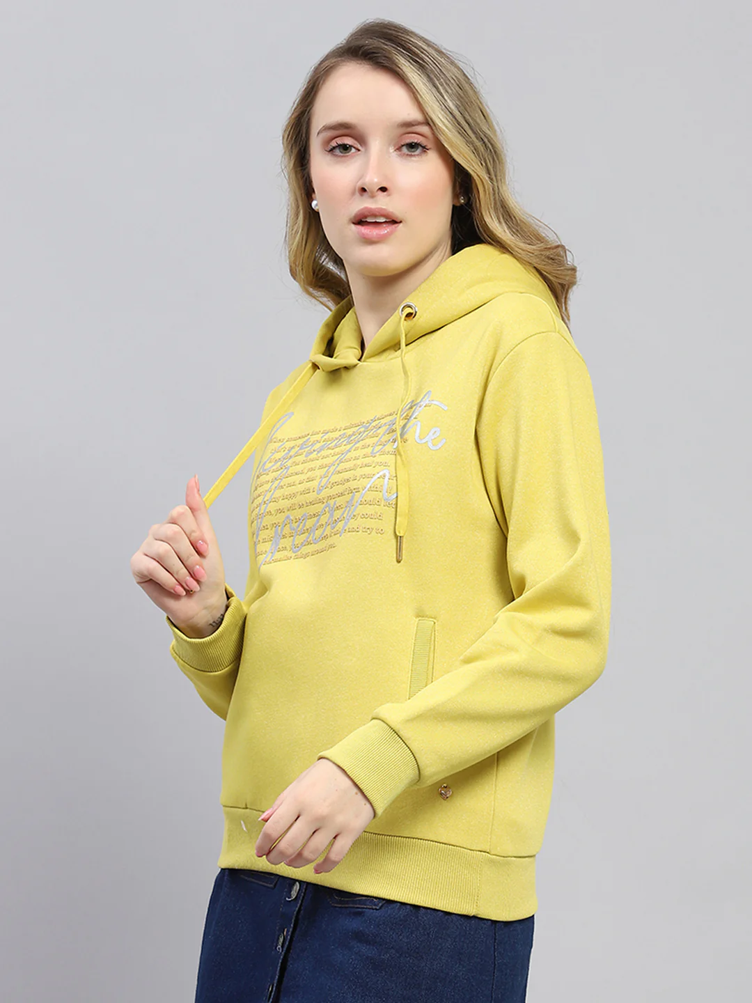 Women Yellow Printed Hooded Full Sleeve Sweatshirt - Image 3