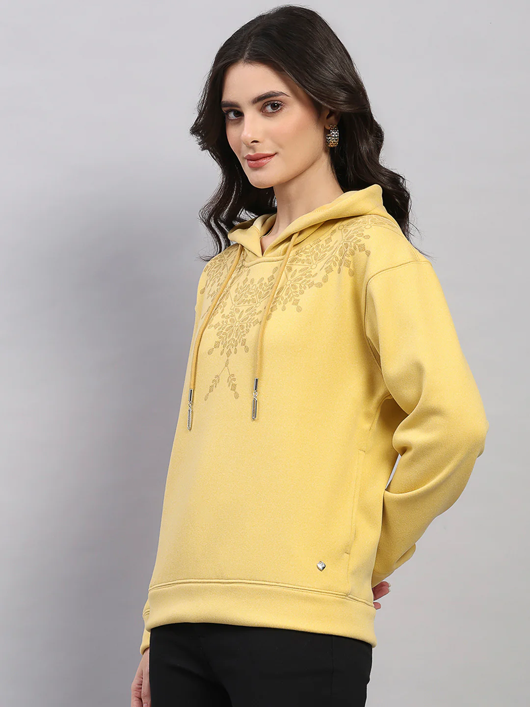 Women Yellow Printed Hooded Full Sleeve Sweatshirt - Image 3