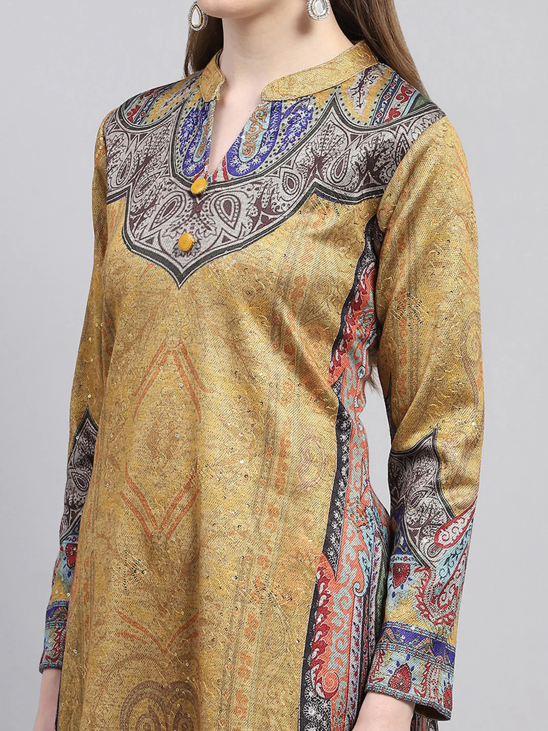 Women Yellow Printed Round Neck Full Sleeve Kurti Set for Winter - Image 6