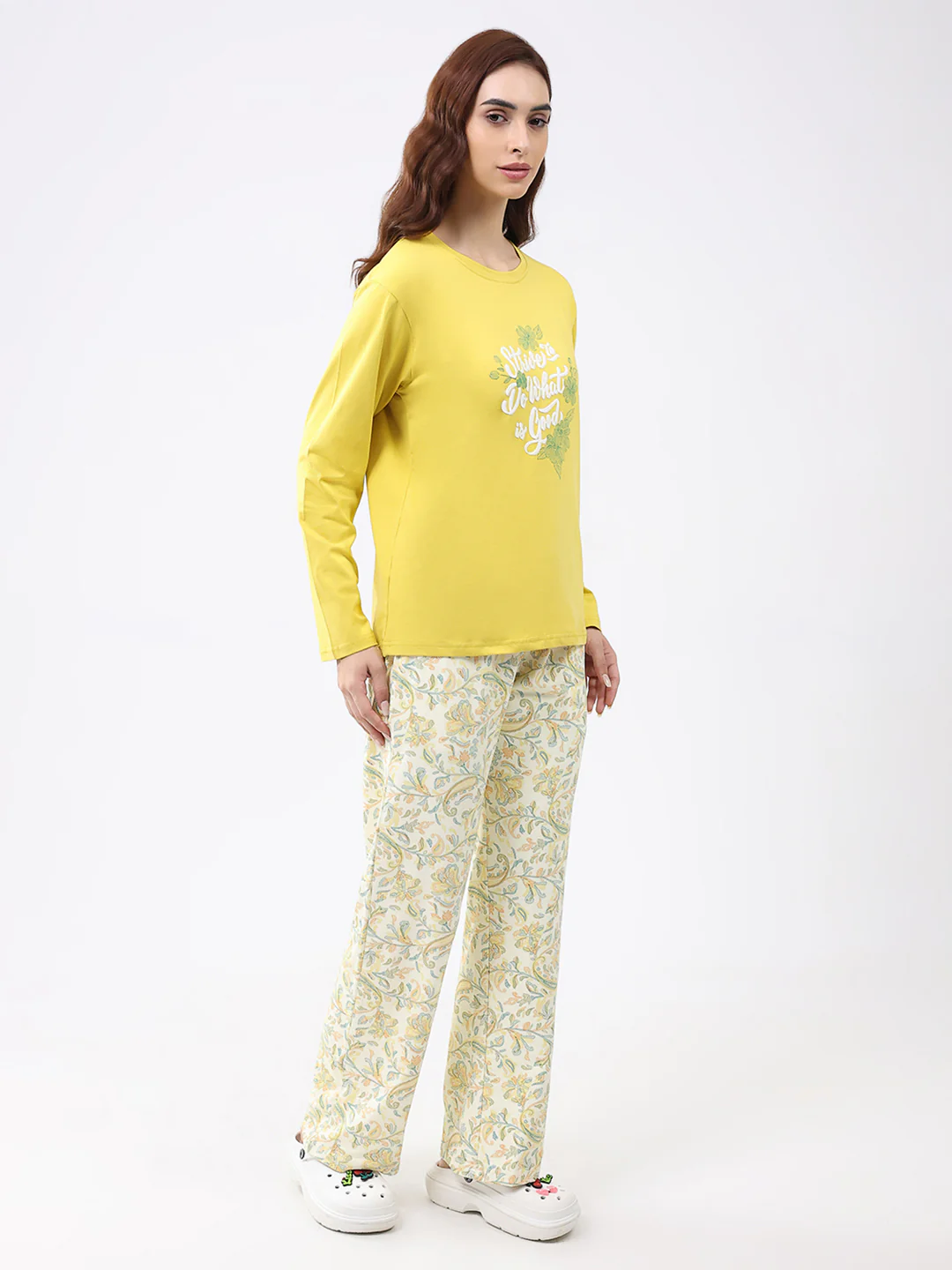 Women Yellow Printed Round Neck Full Sleeve Lower Set - Image 4