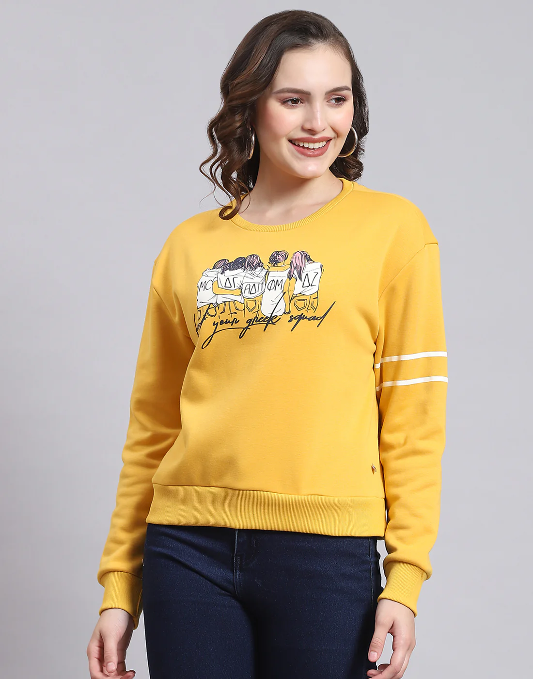 Women Yellow Printed Round Neck Full Sleeve Sweatshirt - Image 3