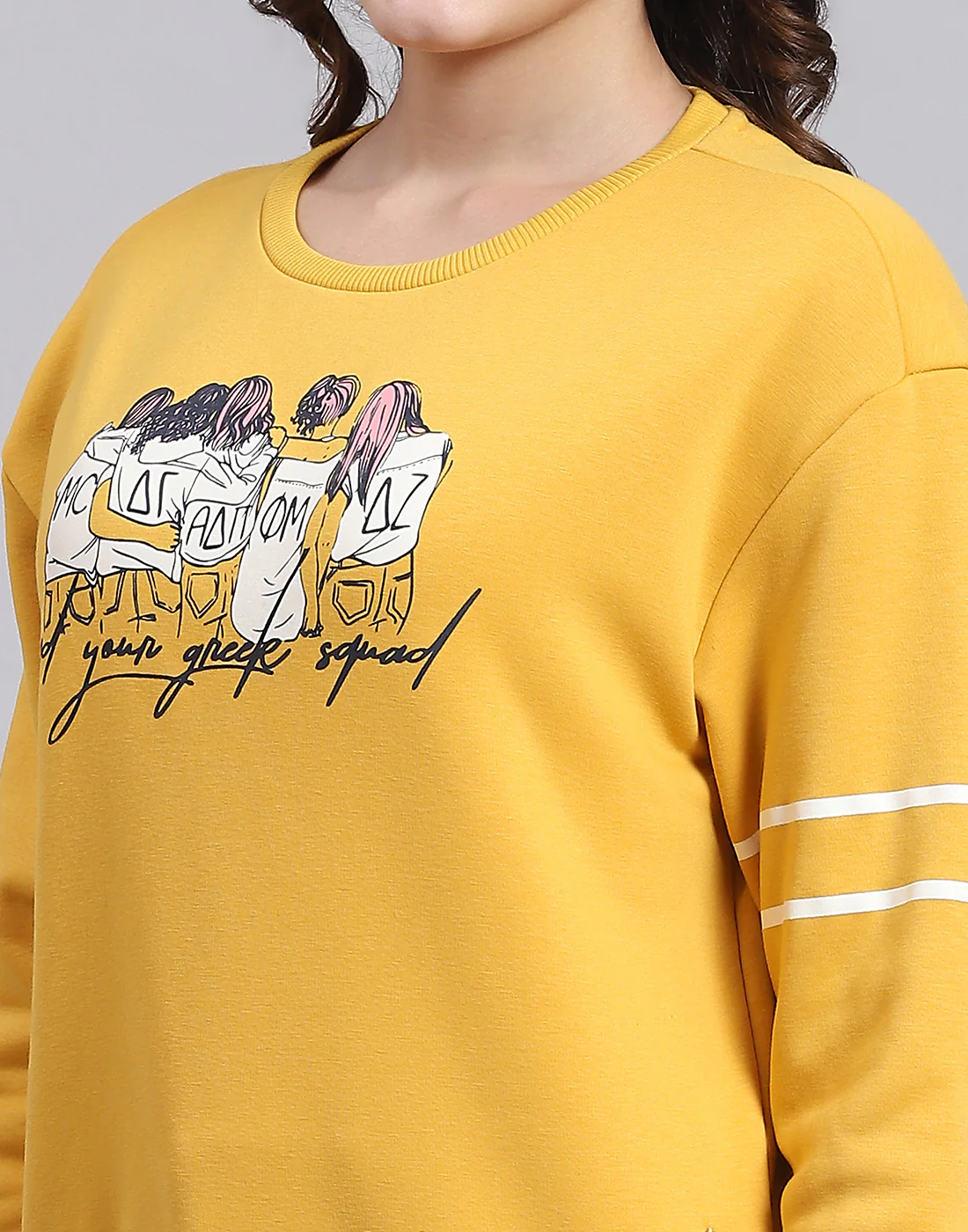 Women Yellow Printed Round Neck Full Sleeve Sweatshirt - Image 7