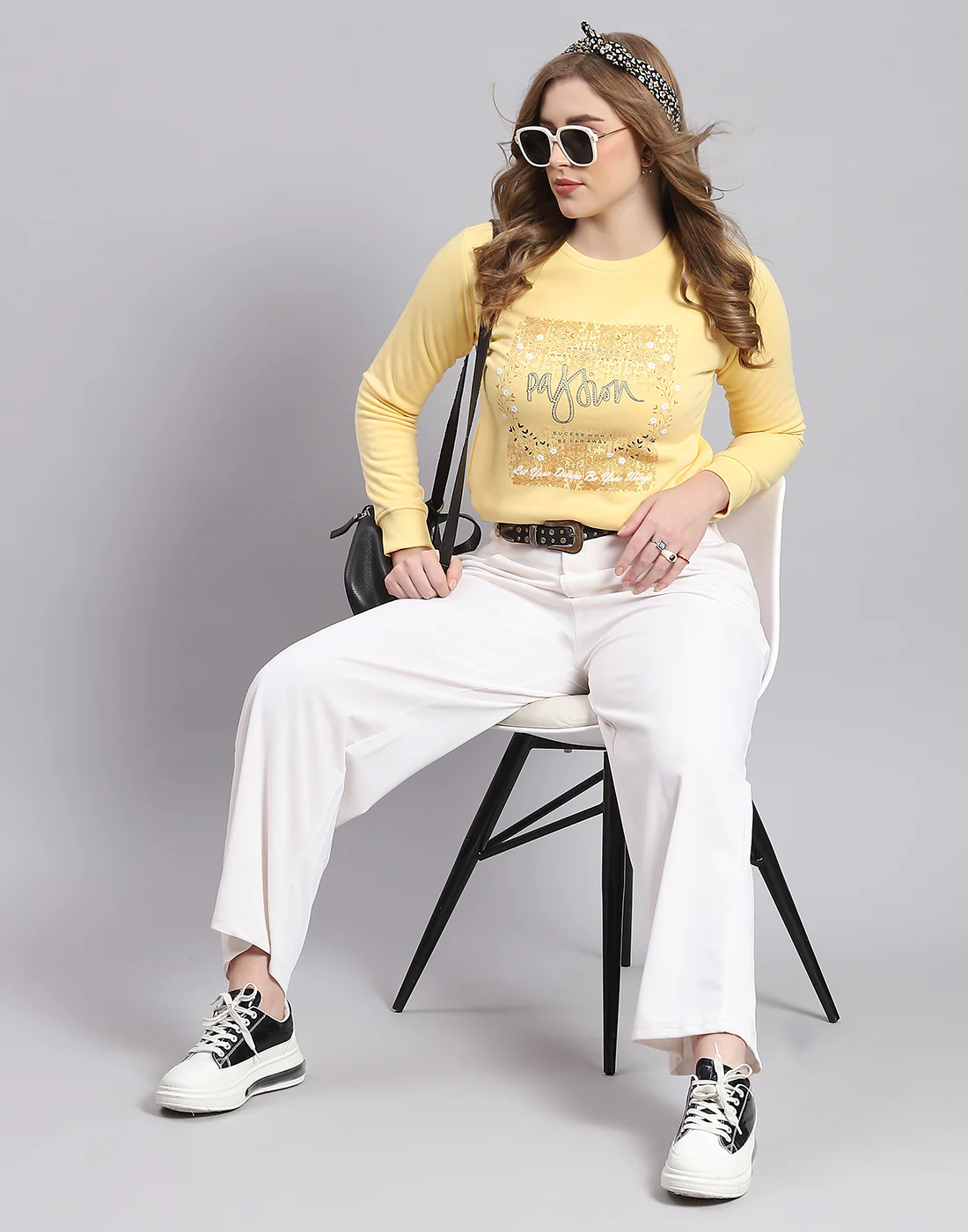Women Yellow Printed Round Neck Full Sleeve Sweatshirt - Image 3