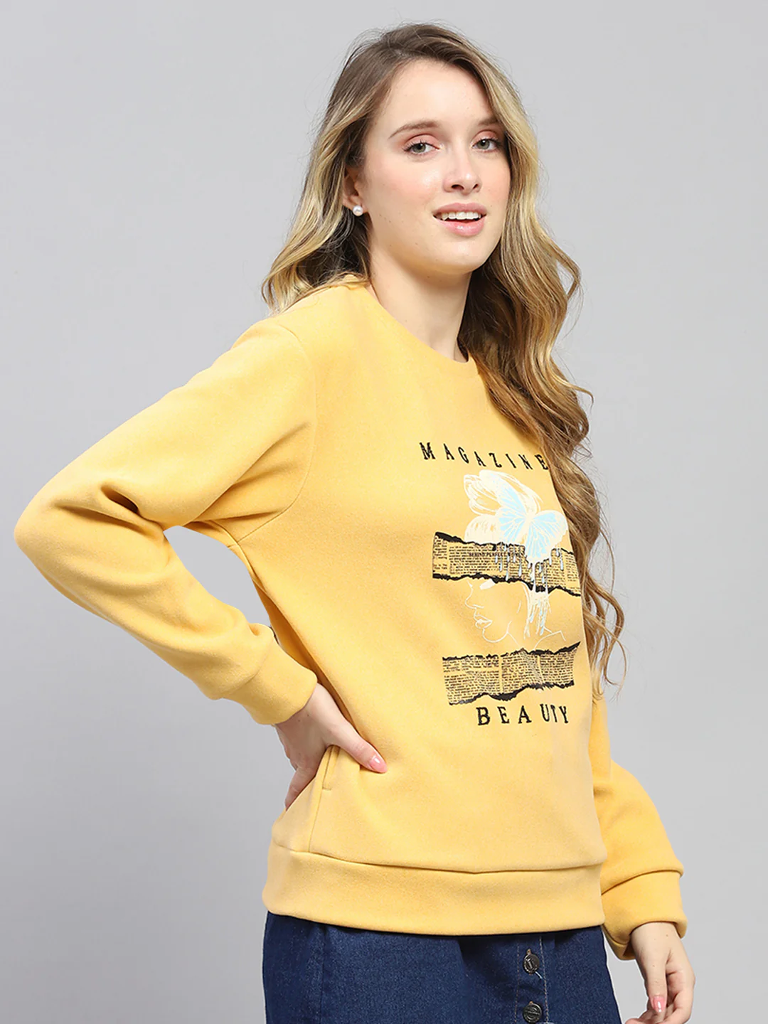 Women Yellow Printed Round Neck Full Sleeve Sweatshirt - Image 4