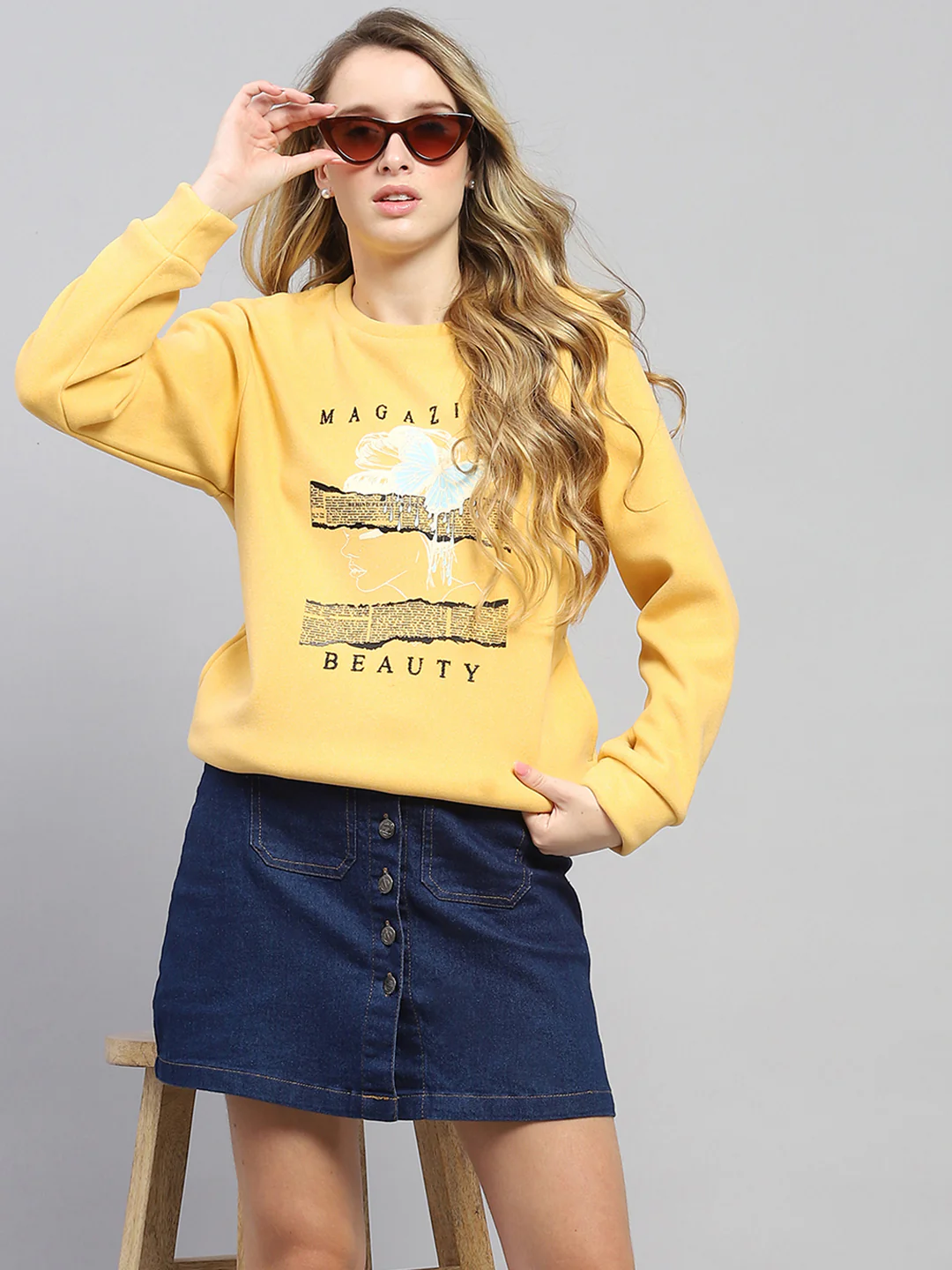 Women Yellow Printed Round Neck Full Sleeve Sweatshirt - Image 6