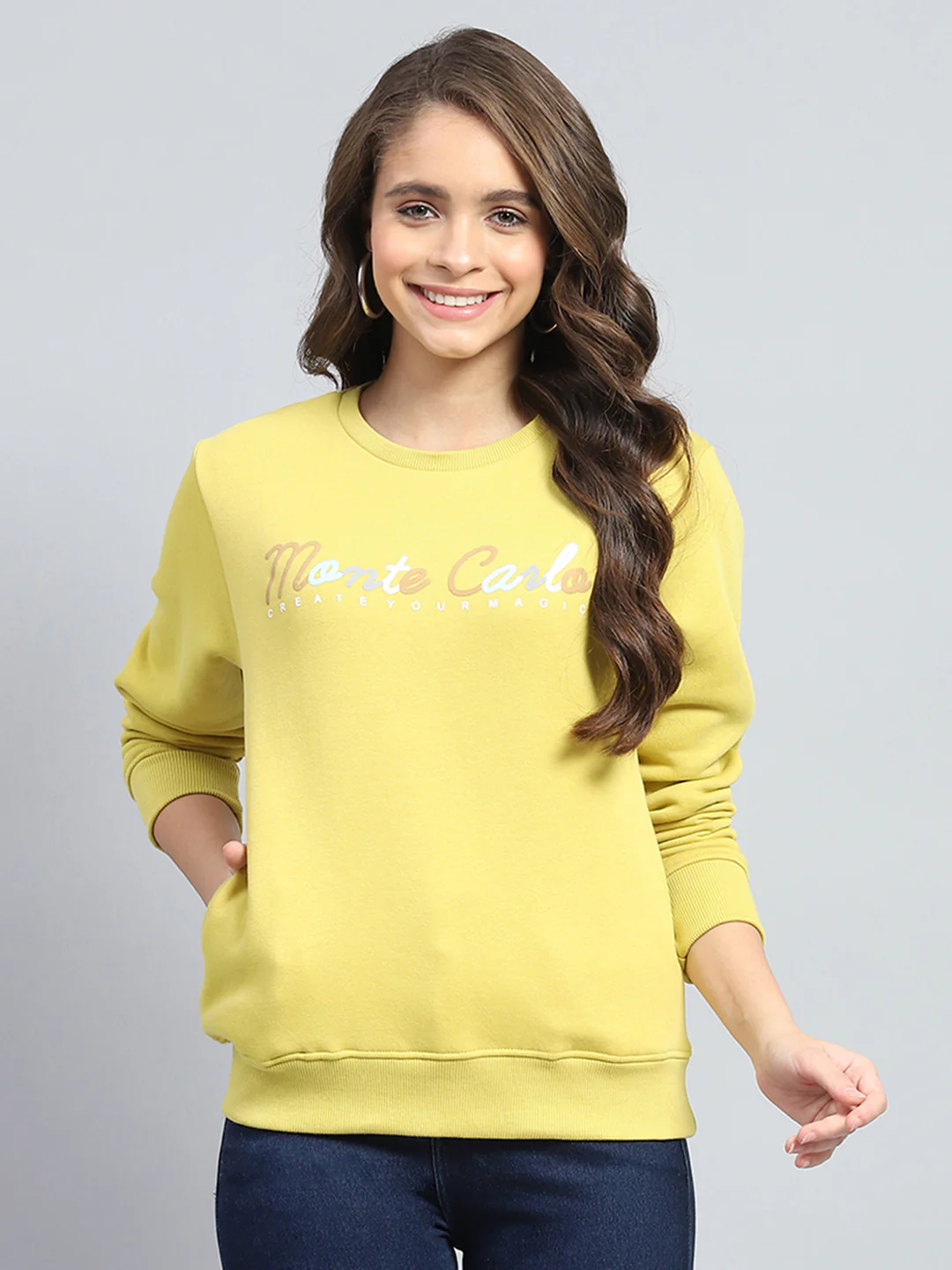 Women Yellow Printed Round Neck Full Sleeve Sweatshirt - Image 2