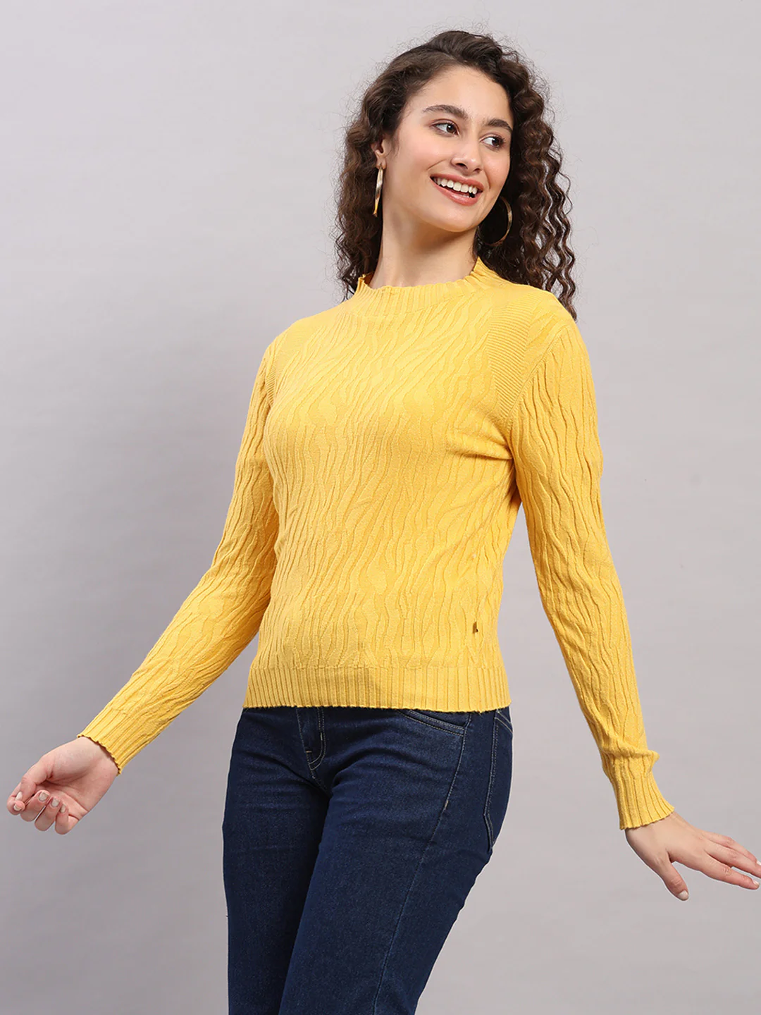 Women Yellow Printed Round Neck Full Sleeve Winter Top - Image 3