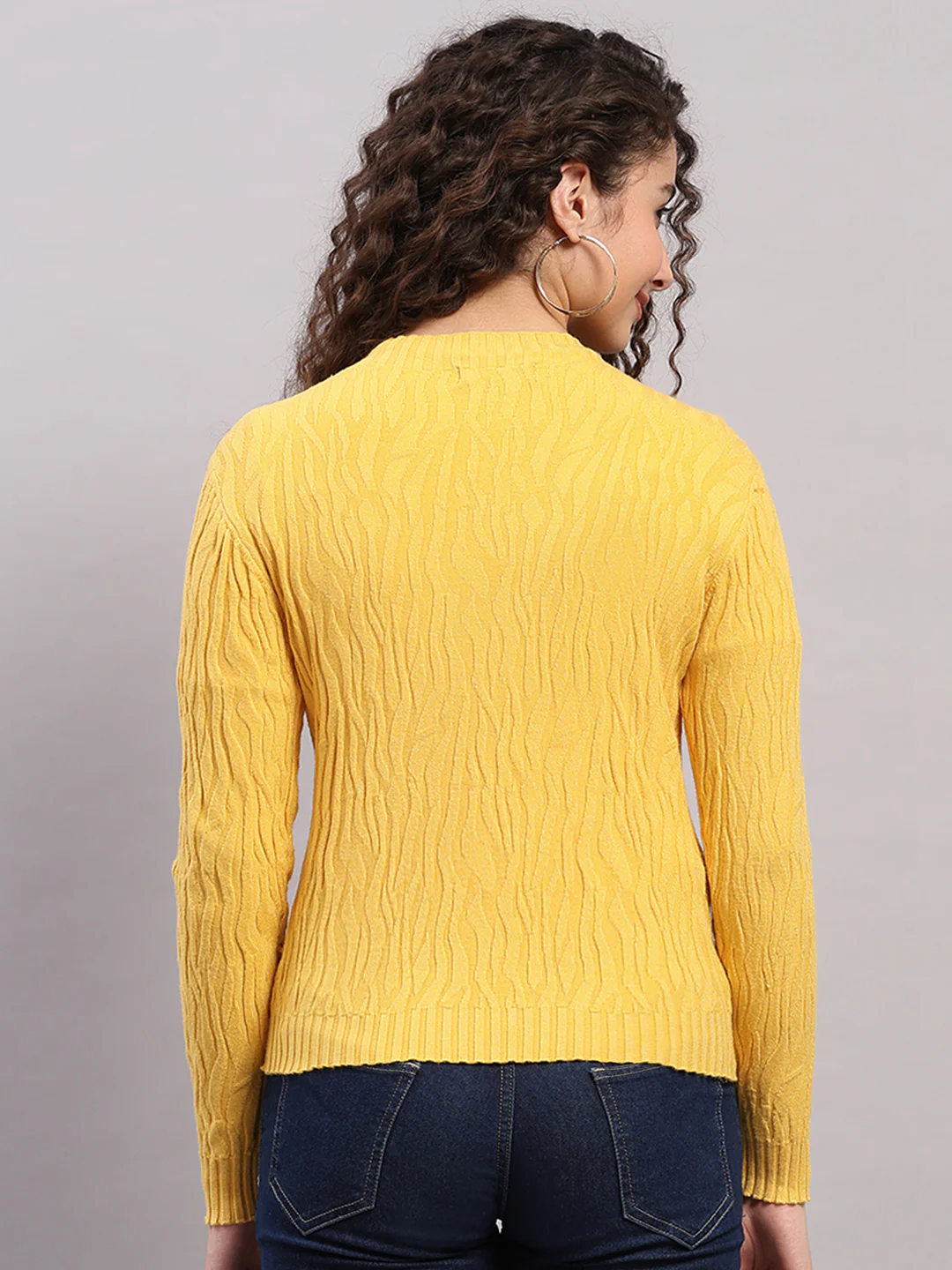 Women Yellow Printed Round Neck Full Sleeve Winter Top - Image 5