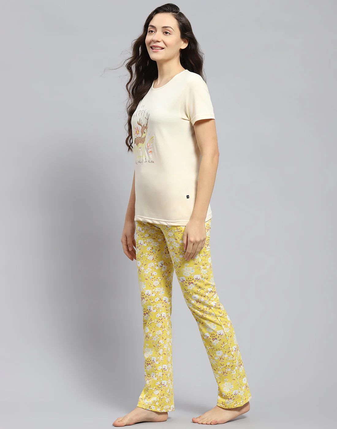 Women Yellow Printed Round Neck Half Sleeve Lower Set - Image 3