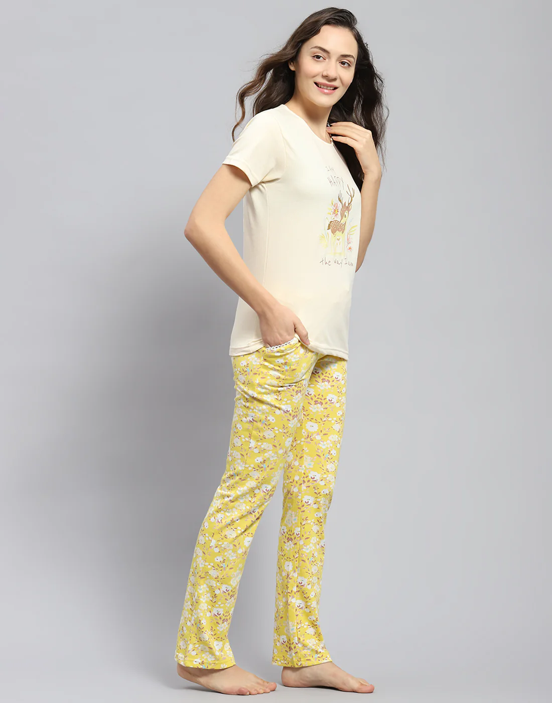 Women Yellow Printed Round Neck Half Sleeve Lower Set - Image 4