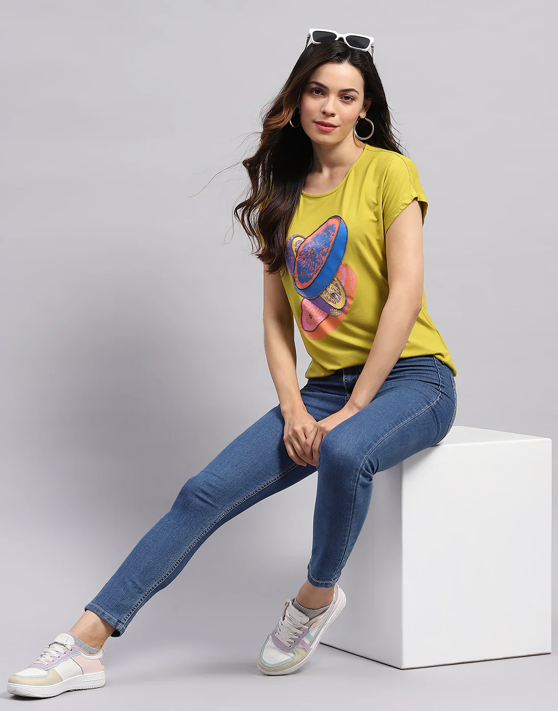 Women Yellow Printed Round Neck Half Sleeve Top - Image 2