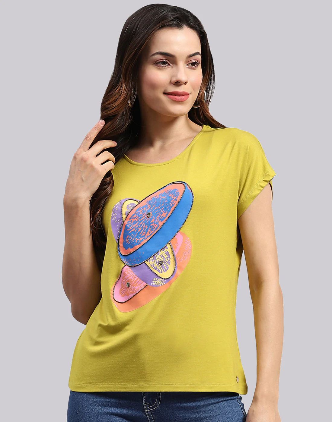 Women Yellow Printed Round Neck Half Sleeve Top - Image 3