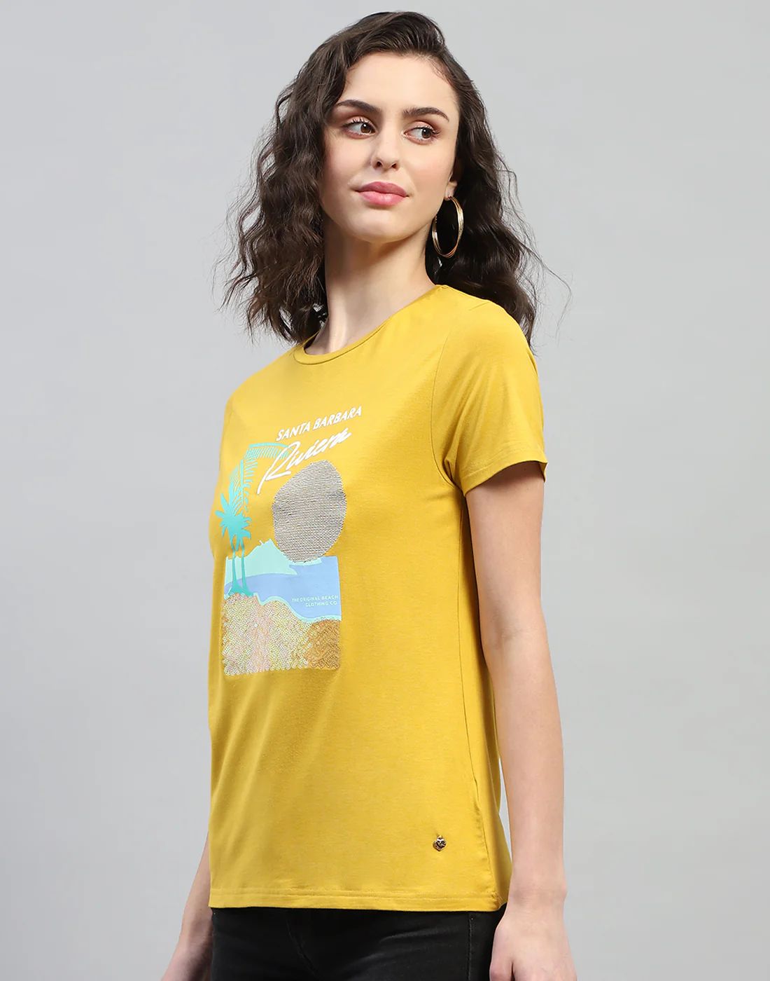 Women Yellow Printed Round Neck Half Sleeve Top - Image 3