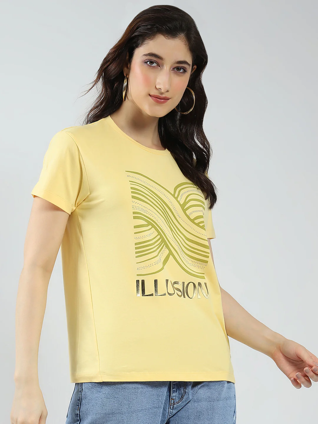 Women Yellow Printed Round Neck Half Sleeve Top - Image 5