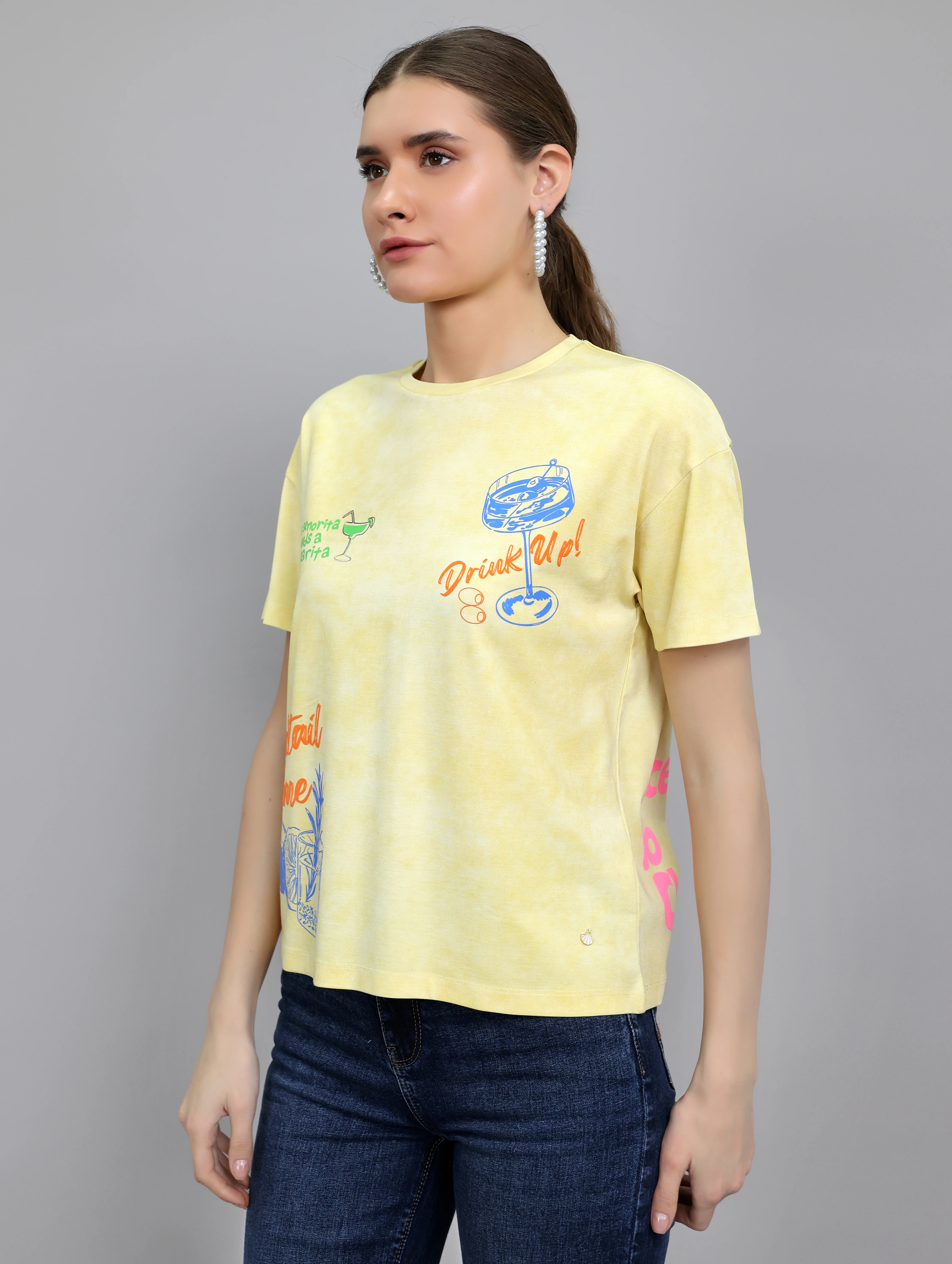 Women Yellow Printed Round Neck Half Sleeve Top