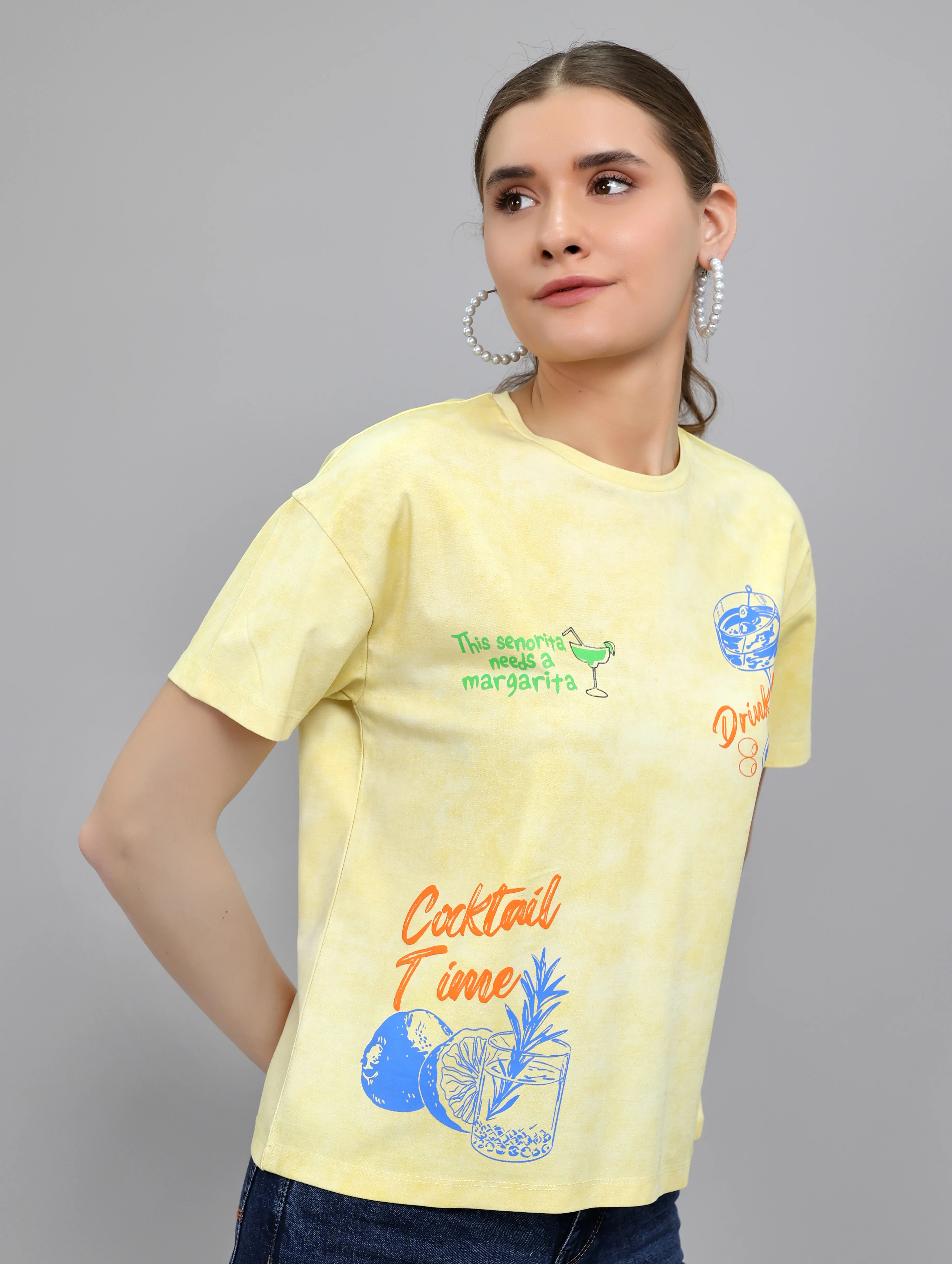 Women Yellow Printed Round Neck Half Sleeve Top - Image 2