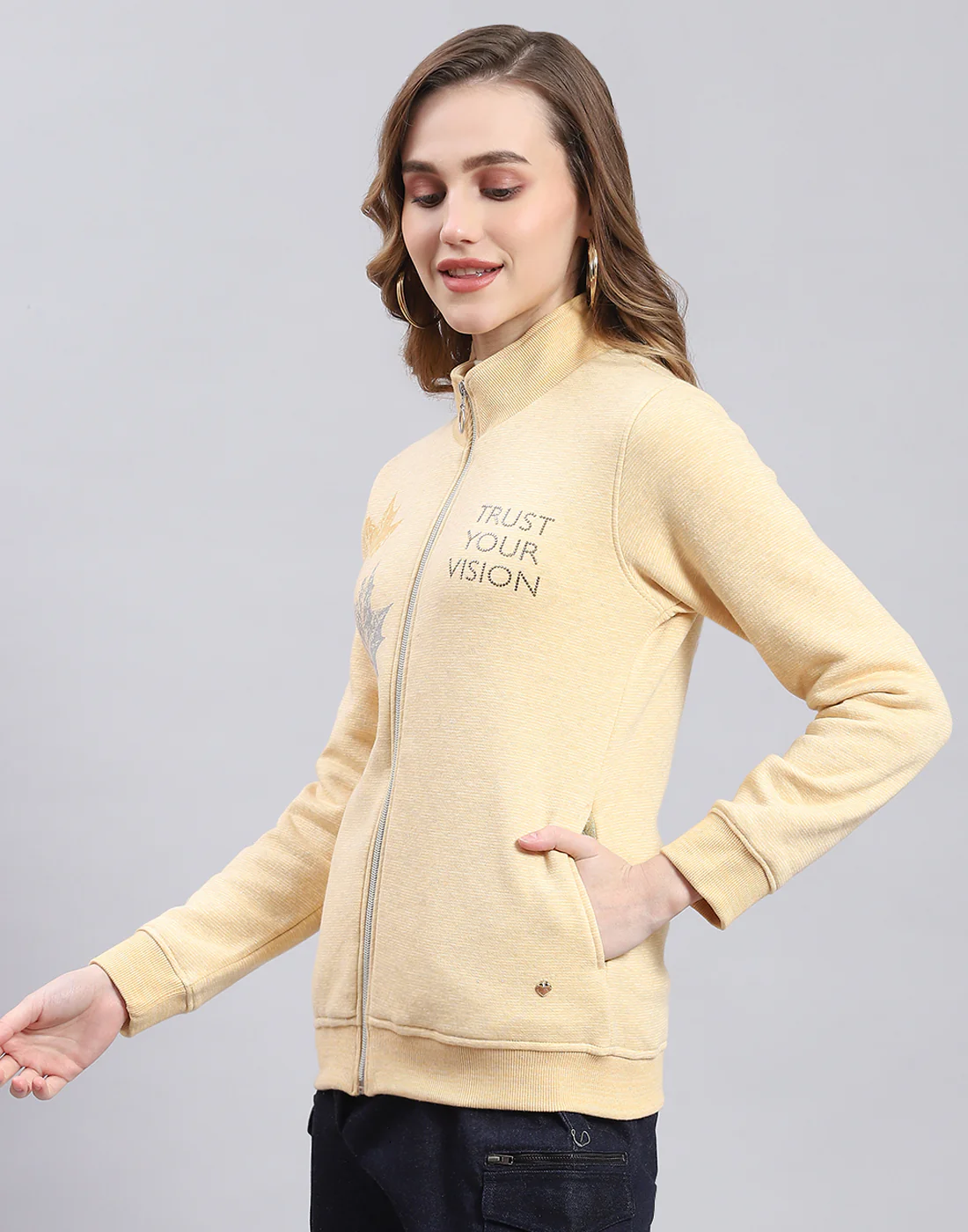 Women Yellow Printed Stand Collar Full Sleeve Sweatshirt - Image 3