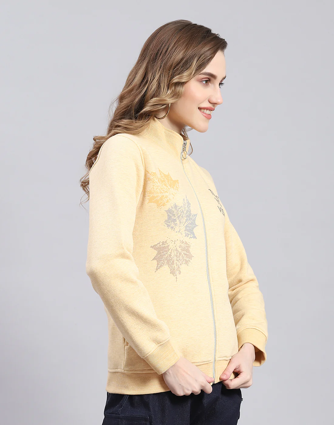 Women Yellow Printed Stand Collar Full Sleeve Sweatshirt - Image 4